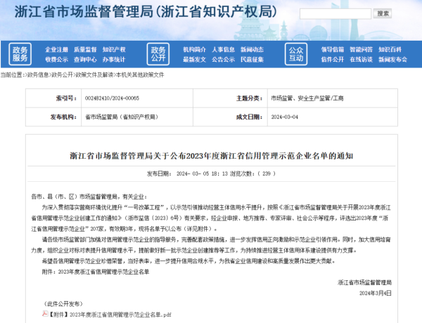 托普云農(nóng)入選2023年度浙江省信用管理示范企業(yè)名單